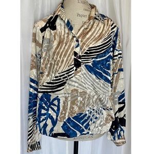 Vintage 80s/90s Tan/Black/Blue Tropical Floral Satin Blouson Size: 18
